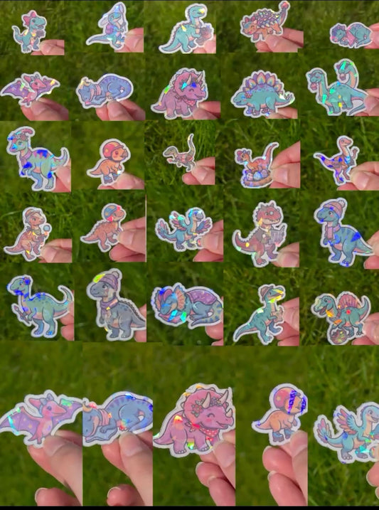 Holographic Pastel Girl Dino Sticker Packs - Durable, waterproof Vinyl