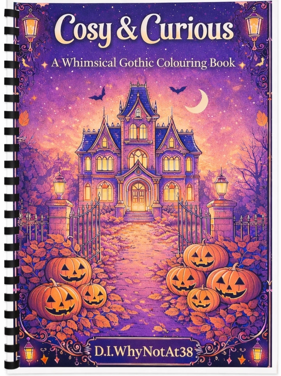 Colouring book cover titled 'Cosy & Curious' with a gothic house and pumpkins design.